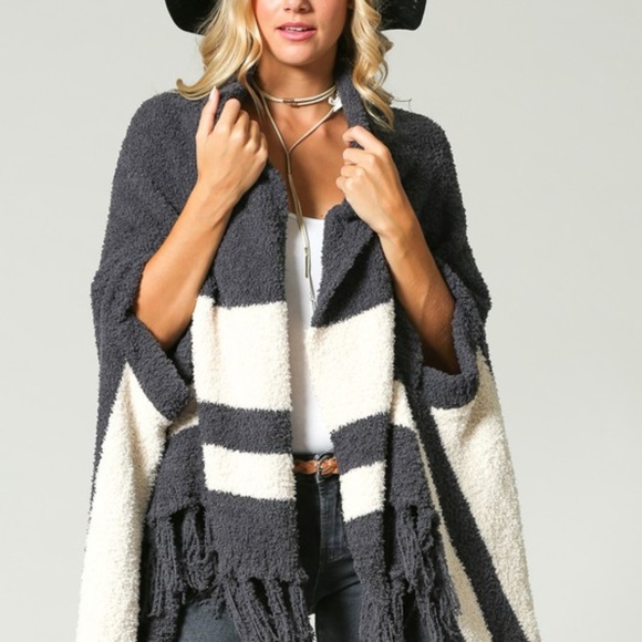 LAST ONE Fringe & Bold Stripe, Open Poncho Shawl - Picture 2 of 7